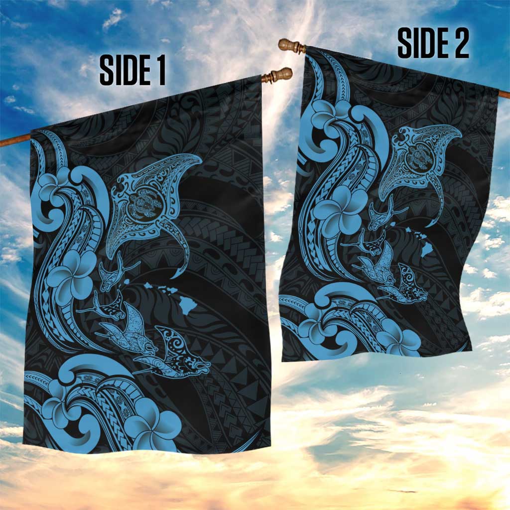 Hawaiian Manta Rays Garden Flag Tribal Hibiscus Polynesian Tattoos Blue Color - Polynesian Pride