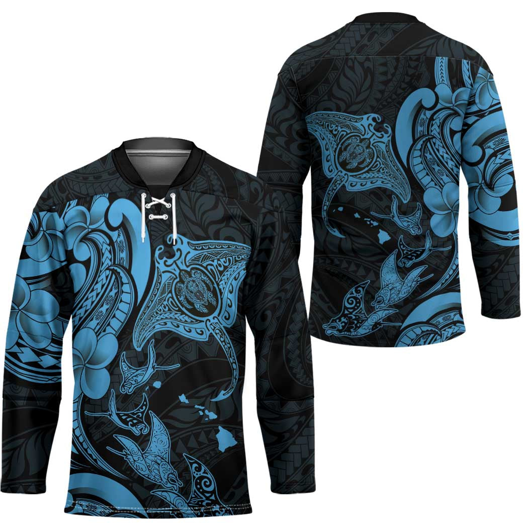 Hawaiian Manta Rays Hockey Jersey Tribal Hibiscus Polynesian Tattoos Blue Color - Polynesian Pride