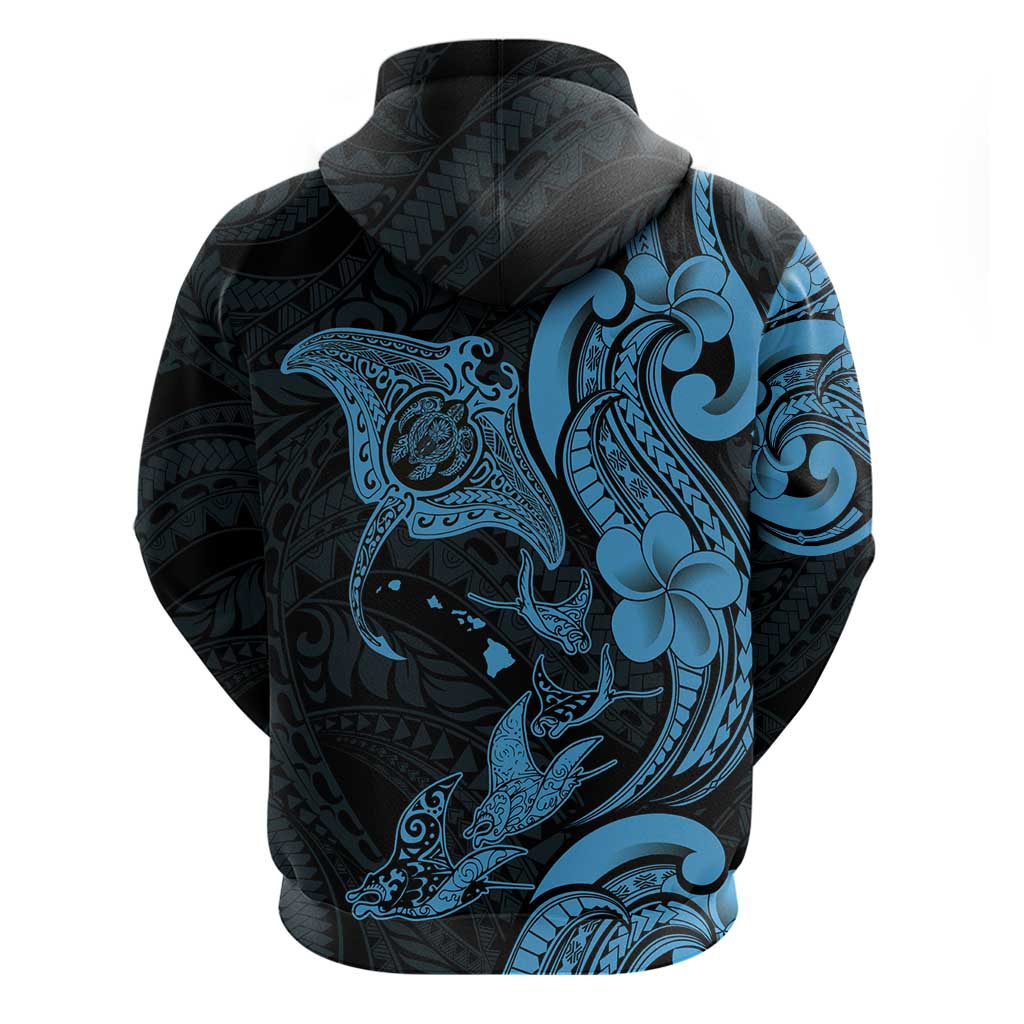 Hawaiian Manta Rays Hoodie Tribal Hibiscus Polynesian Tattoos Blue Color - Polynesian Pride