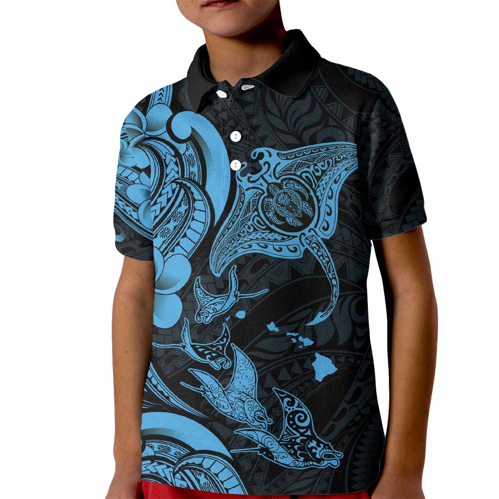 Hawaiian Manta Rays Kid Polo Shirt Tribal Hibiscus Polynesian Tattoos Blue Color - Polynesian Pride