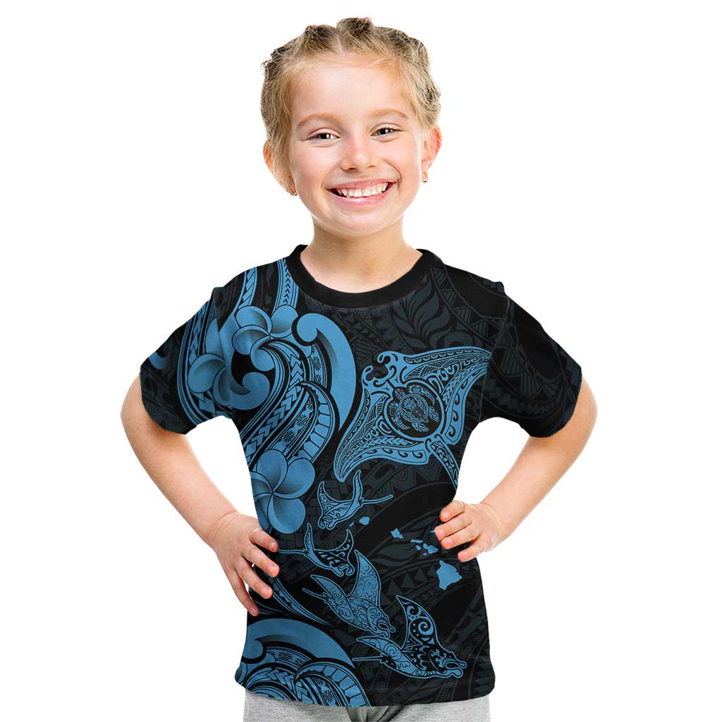 Hawaiian Manta Rays Kid T Shirt Tribal Hibiscus Polynesian Tattoos Blue Color LT03 Blue - Polynesian Pride