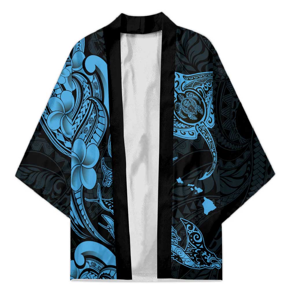 Hawaiian Manta Rays Kimono Tribal Hibiscus Polynesian Tattoos Blue Color LT03 Unisex Blue - Polynesian Pride