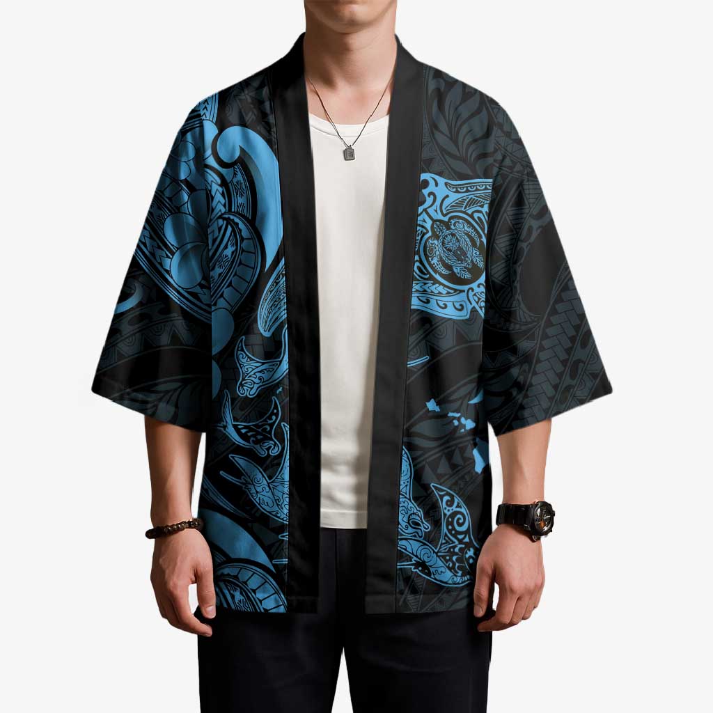 Hawaiian Manta Rays Kimono Tribal Hibiscus Polynesian Tattoos Blue Color - Polynesian Pride
