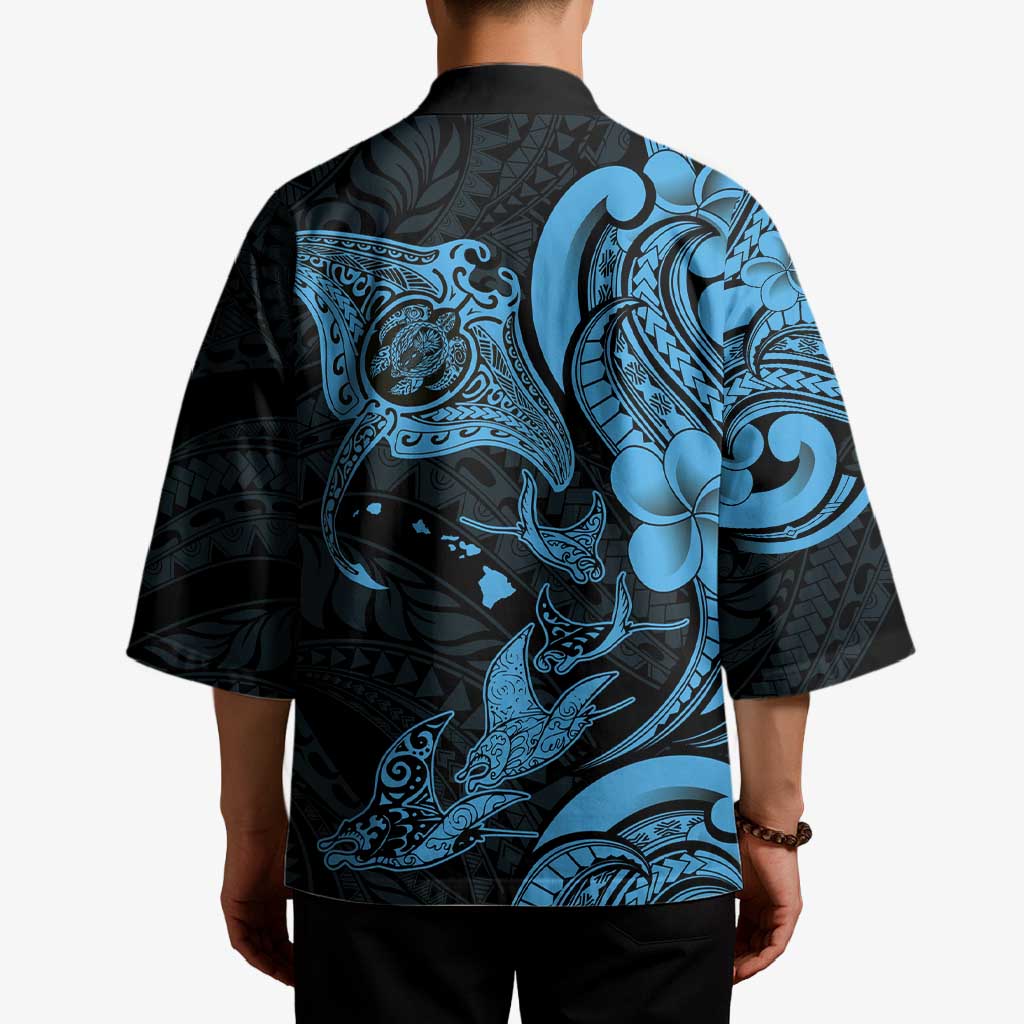 Hawaiian Manta Rays Kimono Tribal Hibiscus Polynesian Tattoos Blue Color - Polynesian Pride