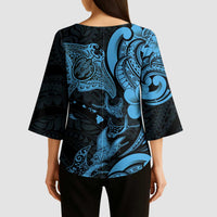 Hawaiian Manta Rays Kimono Sleeve Blouse Tribal Hibiscus Polynesian Tattoos Blue Color - Polynesian Pride