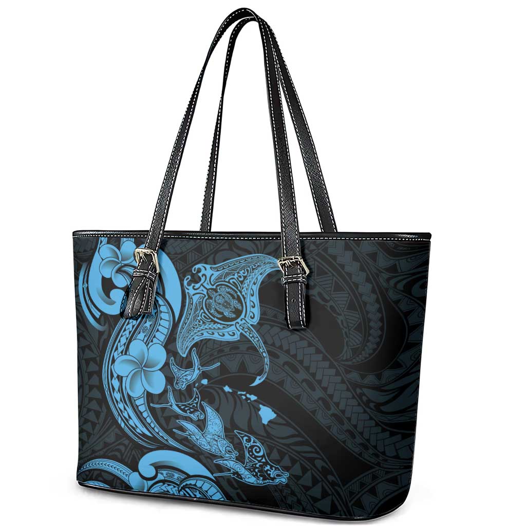 Hawaiian Manta Rays Leather Tote Bag Tribal Hibiscus Polynesian Tattoos Blue Color - Polynesian Pride