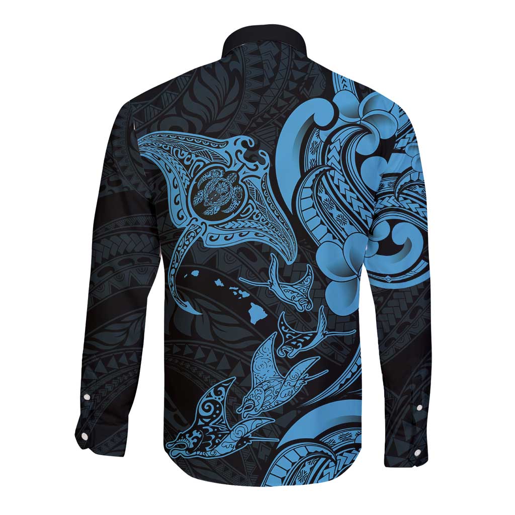 Hawaiian Manta Rays Long Sleeve Button Shirt Tribal Hibiscus Polynesian Tattoos Blue Color - Polynesian Pride