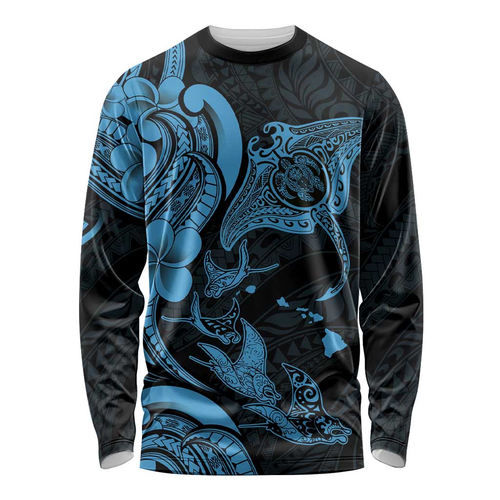 Hawaiian Manta Rays Long Sleeve Shirt Tribal Hibiscus Polynesian Tattoos Blue Color LT03 Unisex Blue - Polynesian Pride