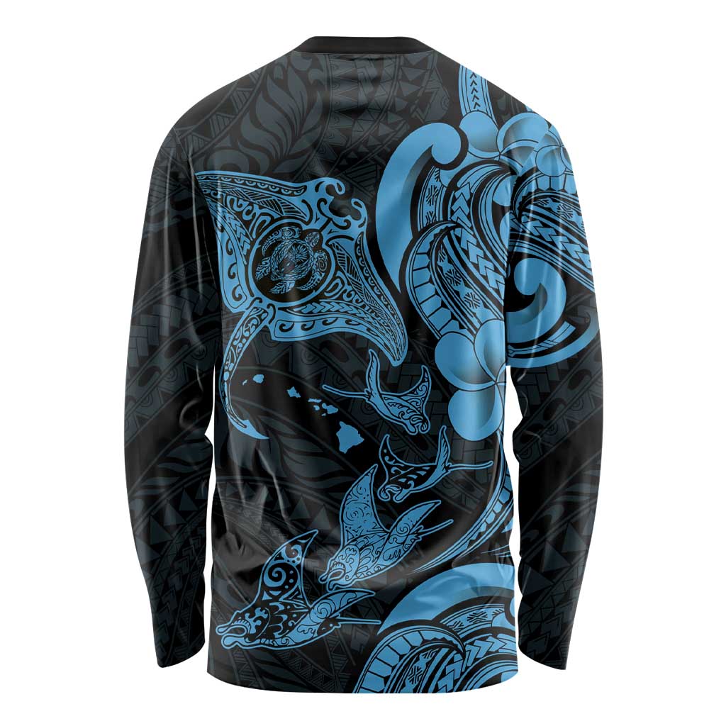 Hawaiian Manta Rays Long Sleeve Shirt Tribal Hibiscus Polynesian Tattoos Blue Color - Polynesian Pride