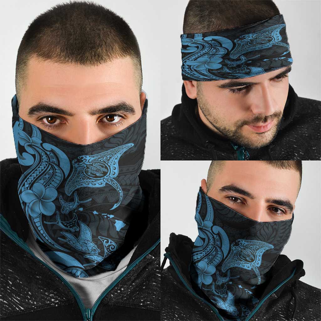 Hawaiian Manta Rays Neck Gaiter Tribal Hibiscus Polynesian Tattoos Blue Color - Polynesian Pride