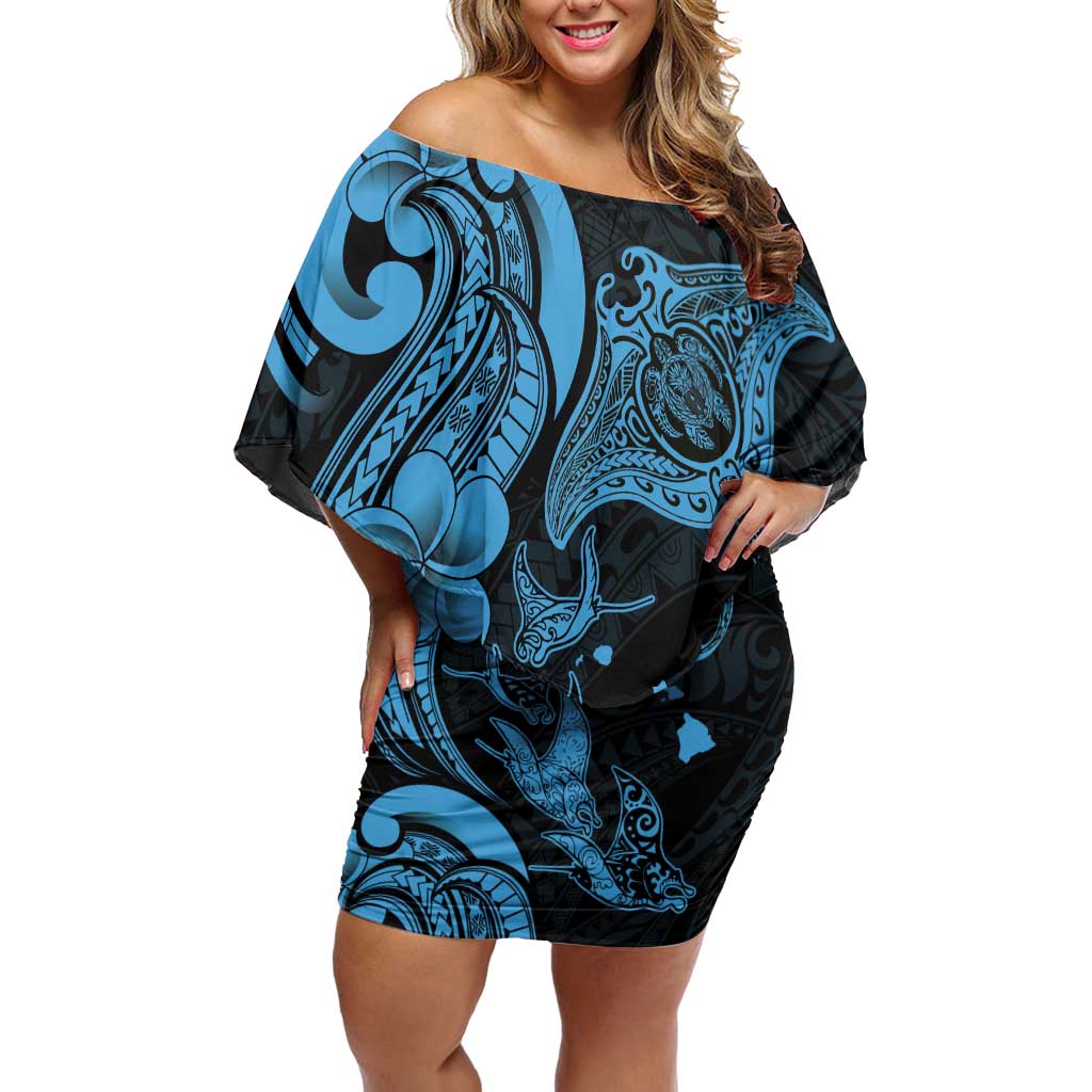 Hawaiian Manta Rays Off Shoulder Short Dress Tribal Hibiscus Polynesian Tattoos Blue Color - Polynesian Pride