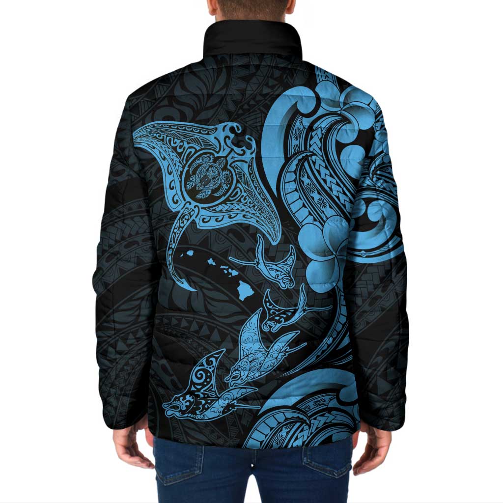 Hawaiian Manta Rays Padded Jacket Tribal Hibiscus Polynesian Tattoos Blue Color - Polynesian Pride