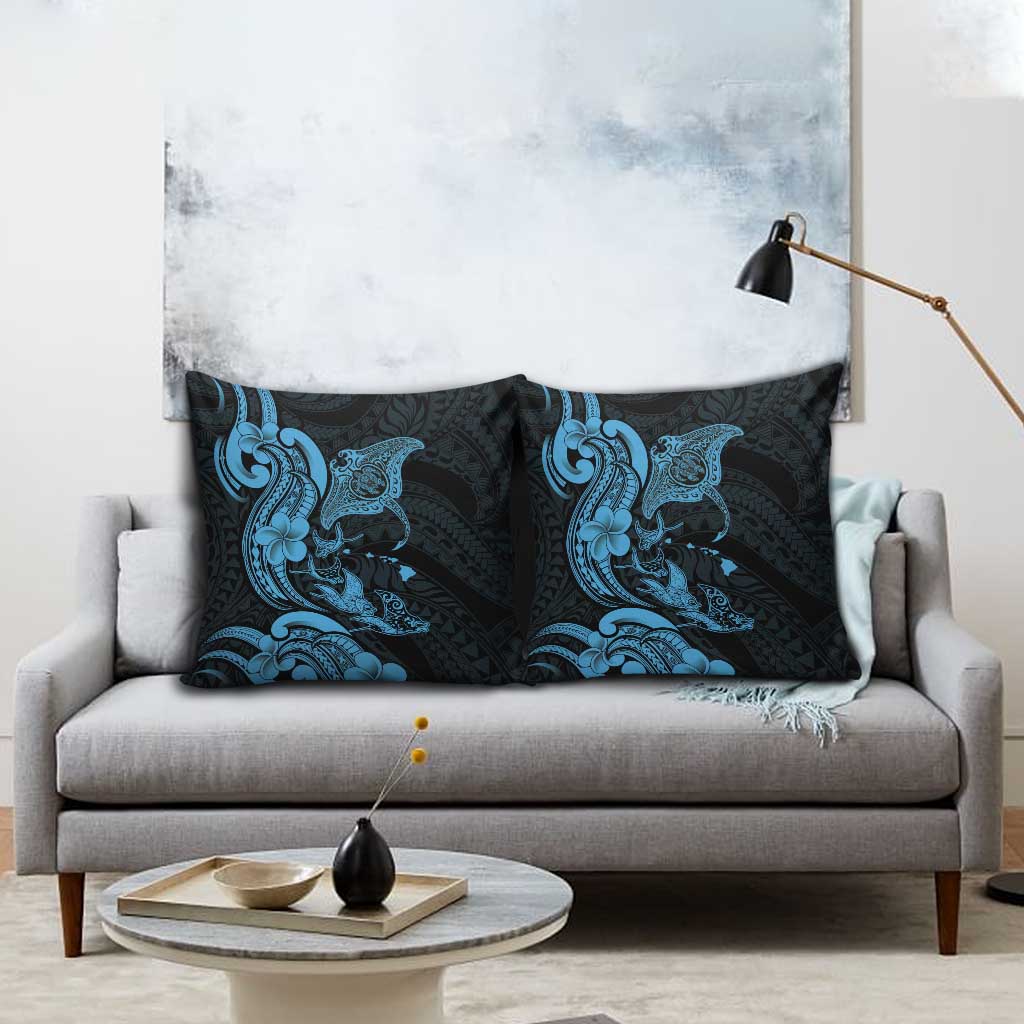 Hawaiian Manta Rays Pillow Cover Tribal Hibiscus Polynesian Tattoos Blue Color - Polynesian Pride