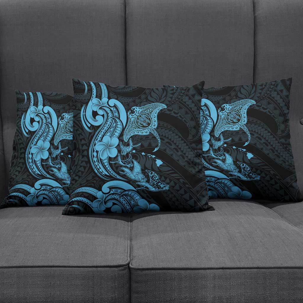 Hawaiian Manta Rays Pillow Cover Tribal Hibiscus Polynesian Tattoos Blue Color - Polynesian Pride