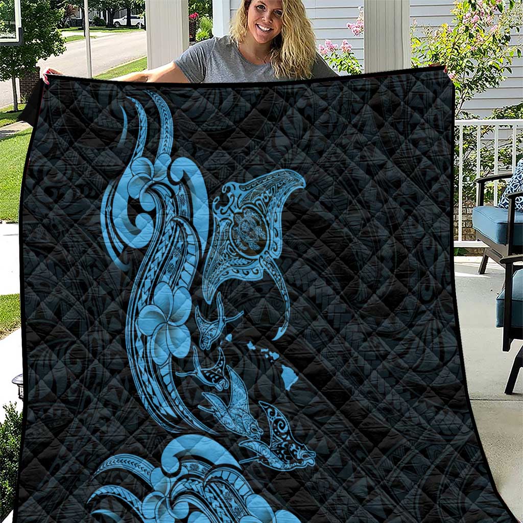 Hawaiian Manta Rays Quilt Tribal Hibiscus Polynesian Tattoos Blue Color - Polynesian Pride