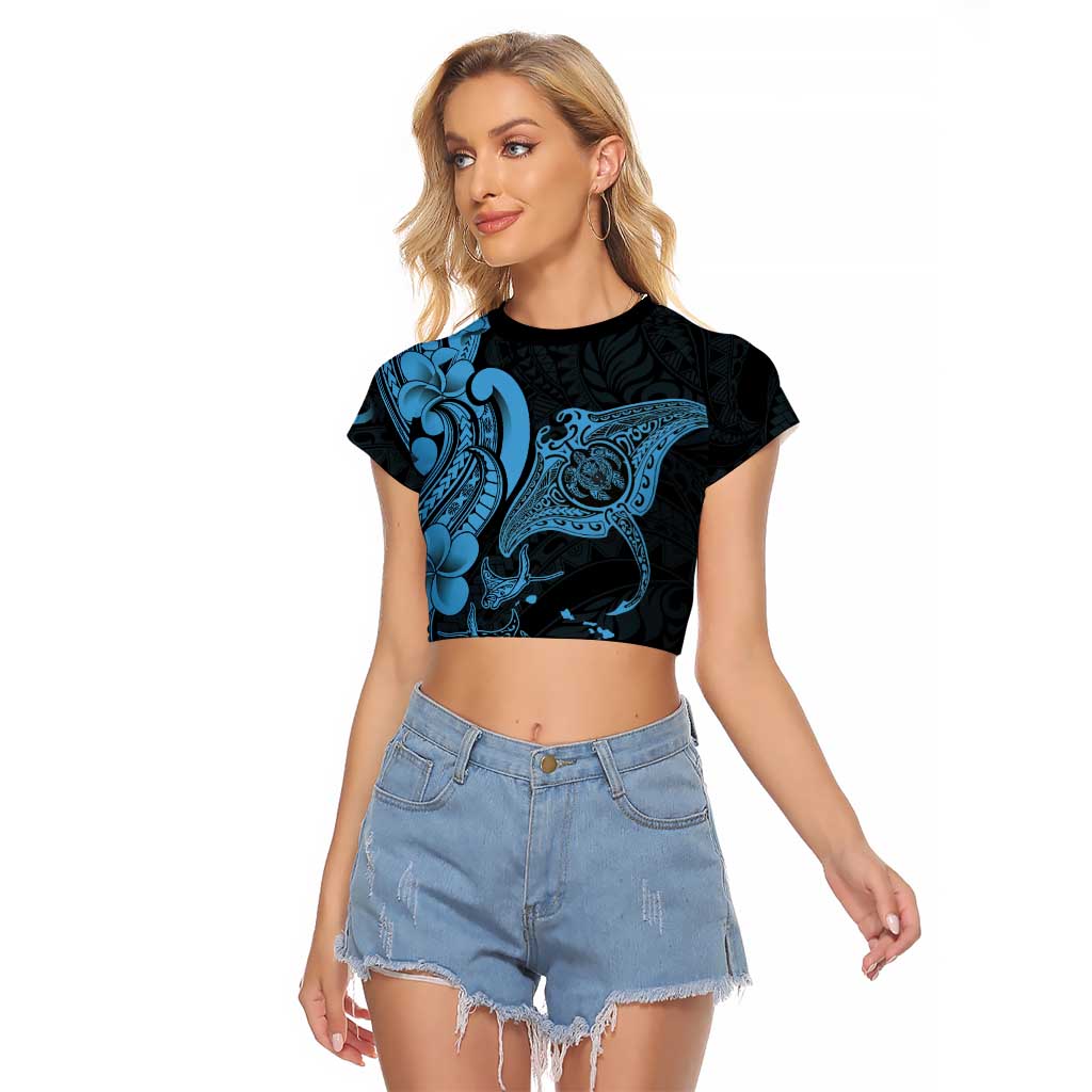 Hawaiian Manta Rays Raglan Cropped T Shirt Tribal Hibiscus Polynesian Tattoos Blue Color LT03 Female Blue - Polynesian Pride