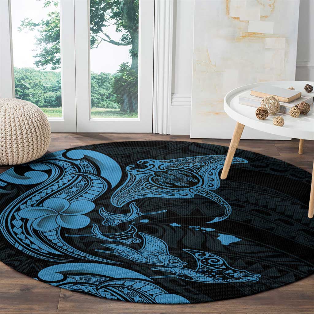 Hawaiian Manta Rays Round Carpet Tribal Hibiscus Polynesian Tattoos Blue Color - Polynesian Pride