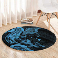 Hawaiian Manta Rays Round Carpet Tribal Hibiscus Polynesian Tattoos Blue Color - Polynesian Pride