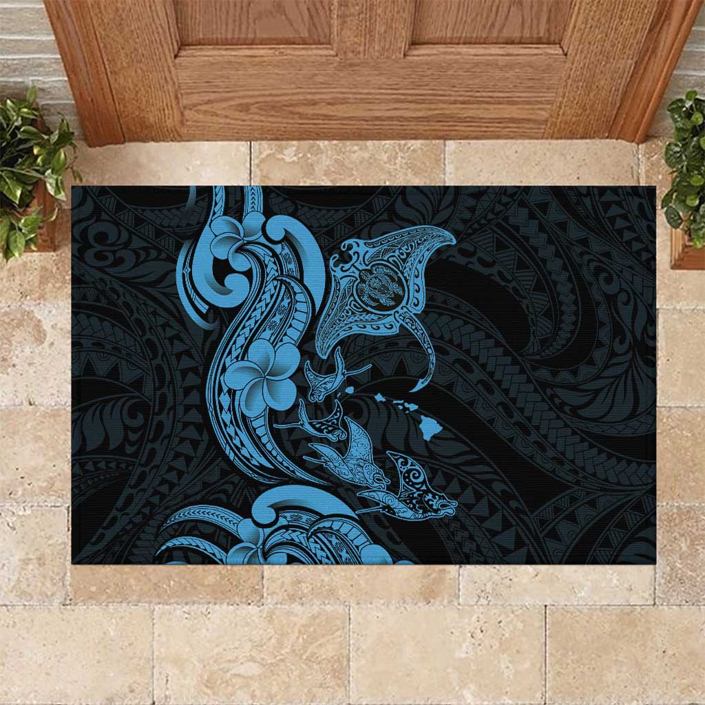 Hawaiian Manta Rays Rubber Doormat Tribal Hibiscus Polynesian Tattoos Blue Color - Polynesian Pride