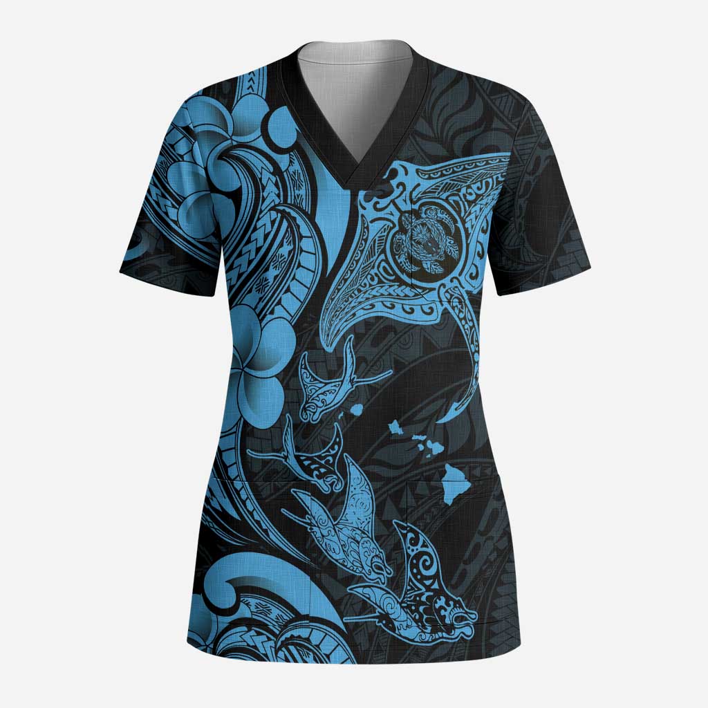Hawaiian Manta Rays Scrub Top Tribal Hibiscus Polynesian Tattoos Blue Color LT03 Adult Blue - Polynesian Pride