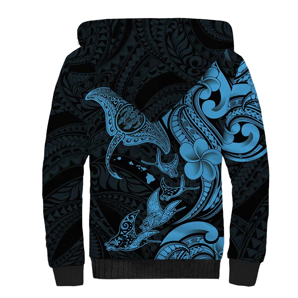 Hawaiian Manta Rays Sherpa Hoodie Tribal Hibiscus Polynesian Tattoos Blue Color - Polynesian Pride