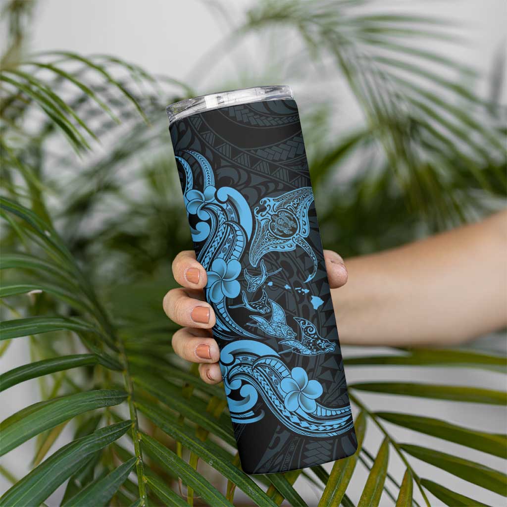 Hawaiian Manta Rays Skinny Tumbler Tribal Hibiscus Polynesian Tattoos Blue Color - Polynesian Pride