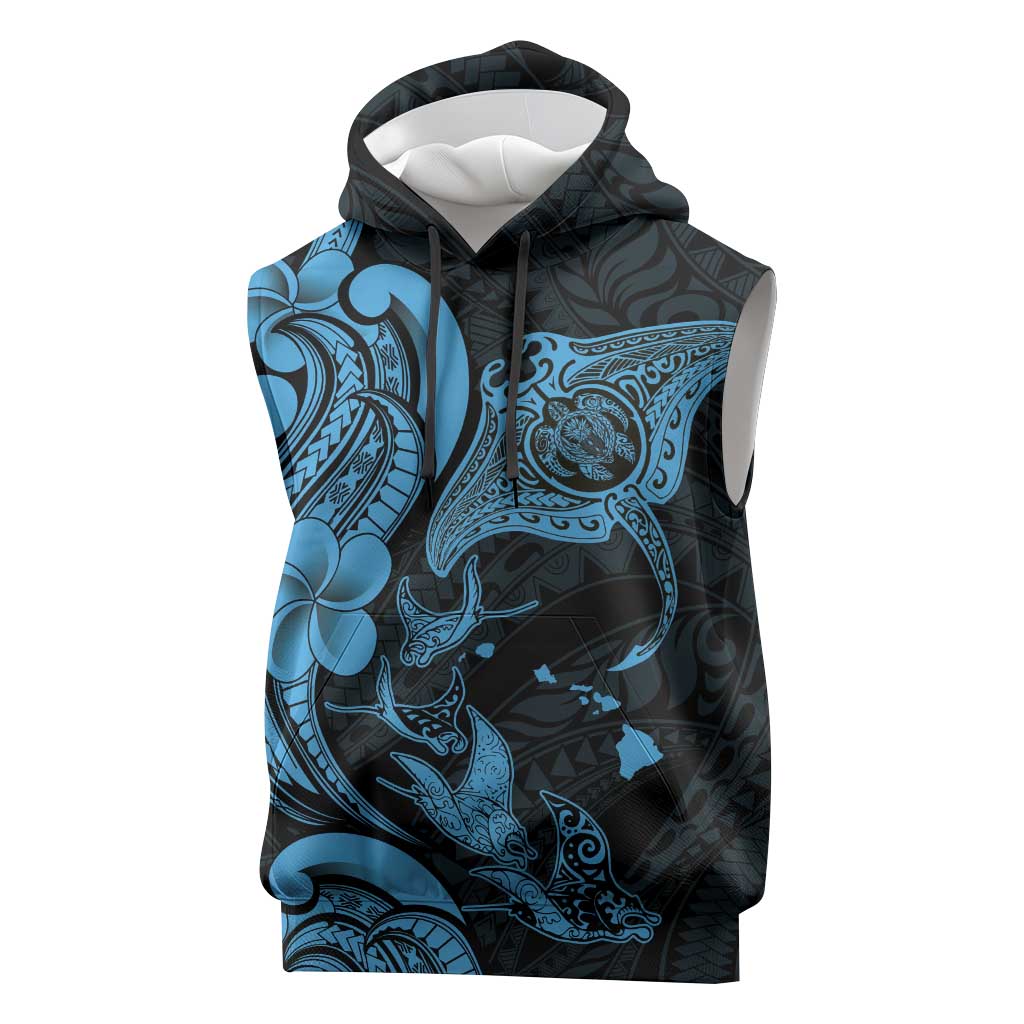 Hawaiian Manta Rays Sleeveless Hoodie Tribal Hibiscus Polynesian Tattoos Blue Color - Polynesian Pride