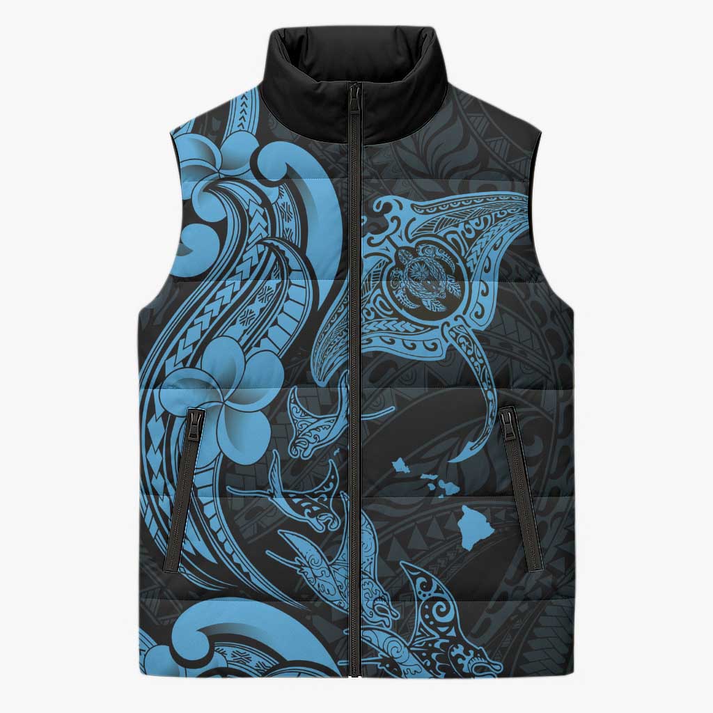 Hawaiian Manta Rays Sleeveless Puffer Jacket Tribal Hibiscus Polynesian Tattoos Blue Color LT03 Unisex Blue - Polynesian Pride