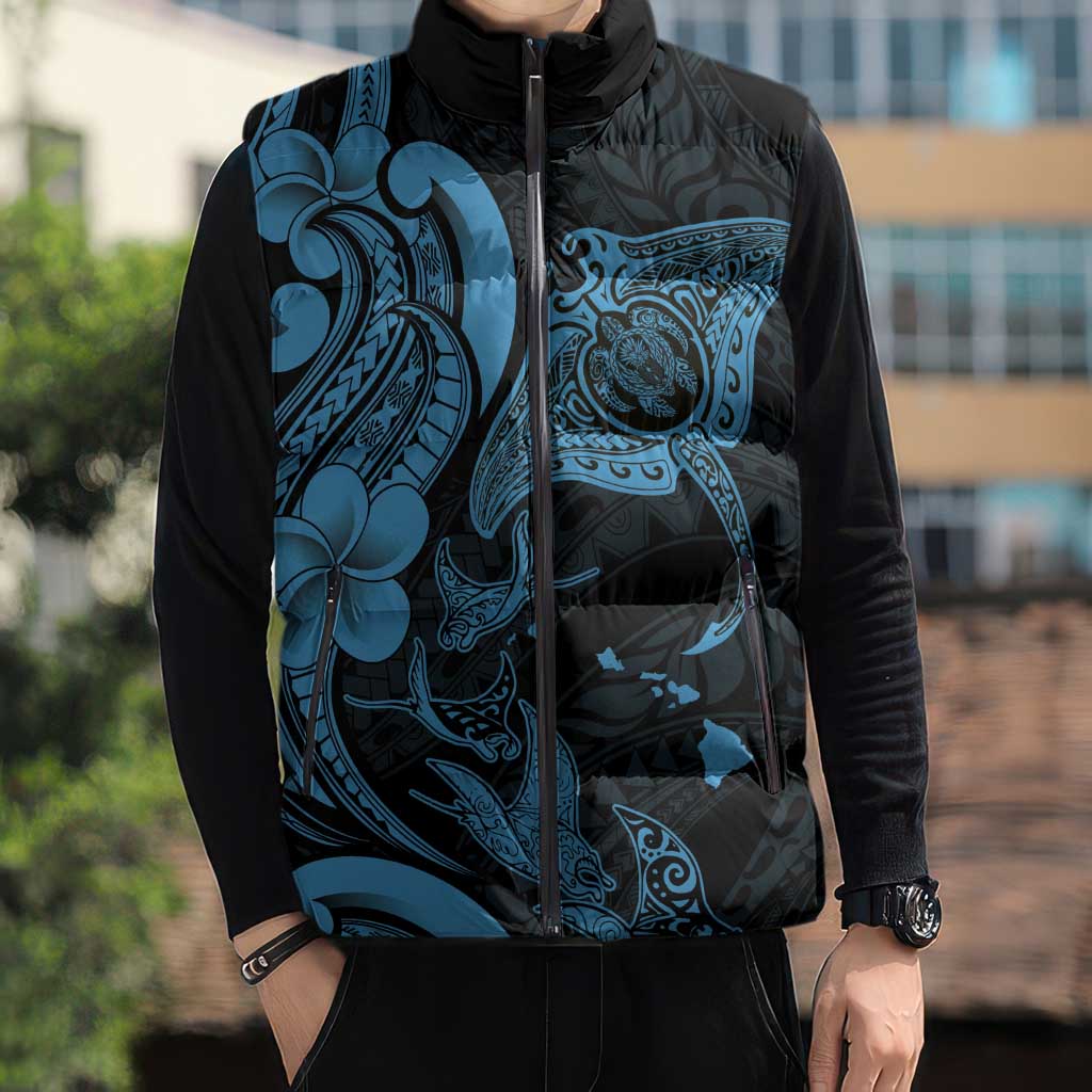 Hawaiian Manta Rays Sleeveless Puffer Jacket Tribal Hibiscus Polynesian Tattoos Blue Color - Polynesian Pride