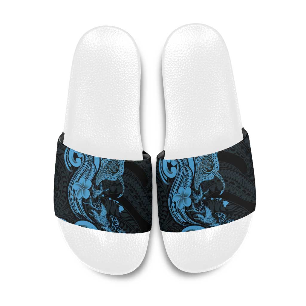 Hawaiian Manta Rays Slide Sandals Tribal Hibiscus Polynesian Tattoos Blue Color - Polynesian Pride