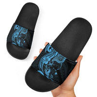 Hawaiian Manta Rays Slide Sandals Tribal Hibiscus Polynesian Tattoos Blue Color - Polynesian Pride