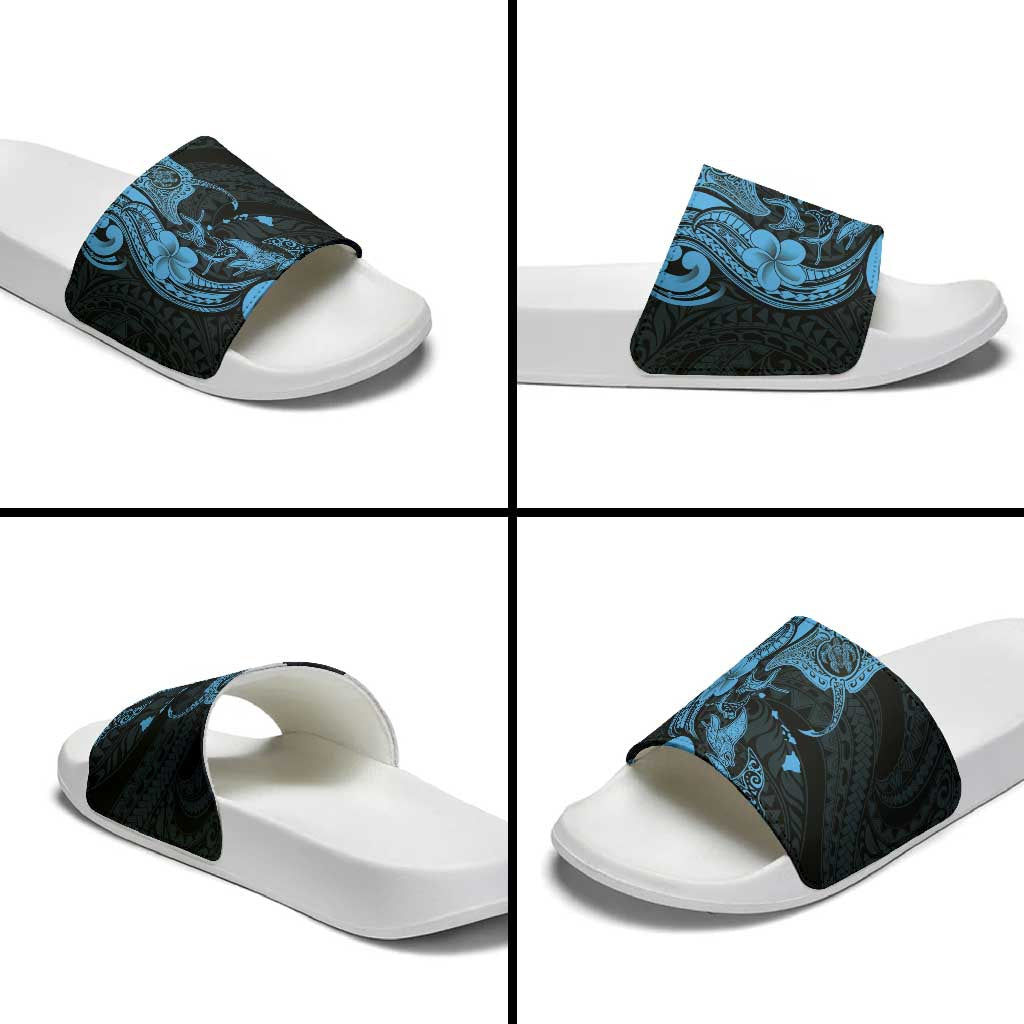 Hawaiian Manta Rays Slide Sandals Tribal Hibiscus Polynesian Tattoos Blue Color - Polynesian Pride