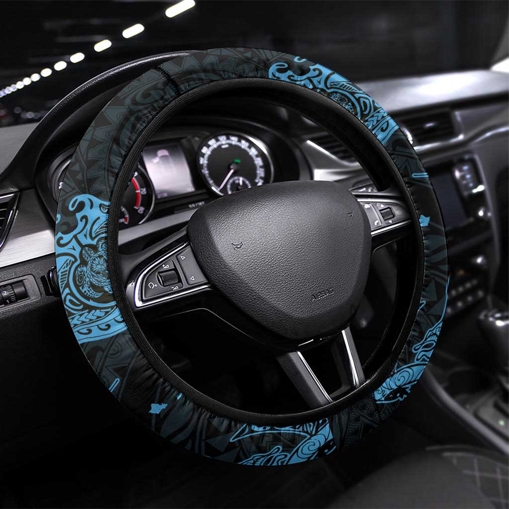 Hawaiian Manta Rays Steering Wheel Cover Tribal Hibiscus Polynesian Tattoos Blue Color - Polynesian Pride
