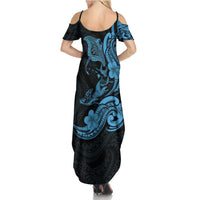 Hawaiian Manta Rays Summer Maxi Dress Tribal Hibiscus Polynesian Tattoos Blue Color - Polynesian Pride