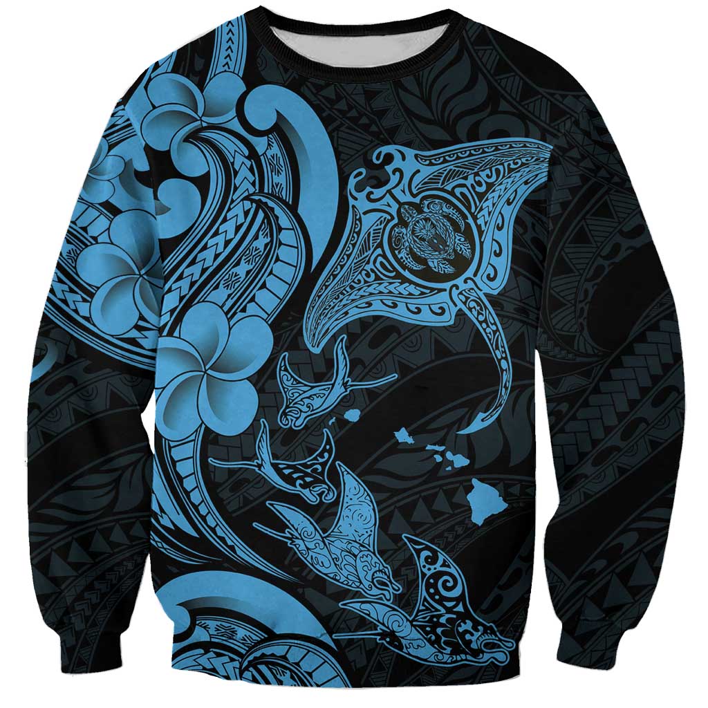 Hawaiian Manta Rays Sweatshirt Tribal Hibiscus Polynesian Tattoos Blue Color LT03 Unisex Blue - Polynesian Pride