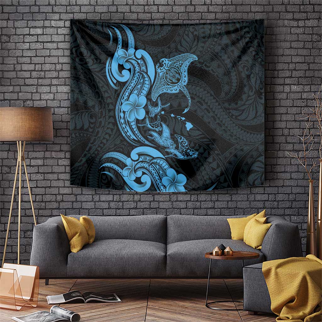 Hawaiian Manta Rays Tapestry Tribal Hibiscus Polynesian Tattoos Blue Color - Polynesian Pride