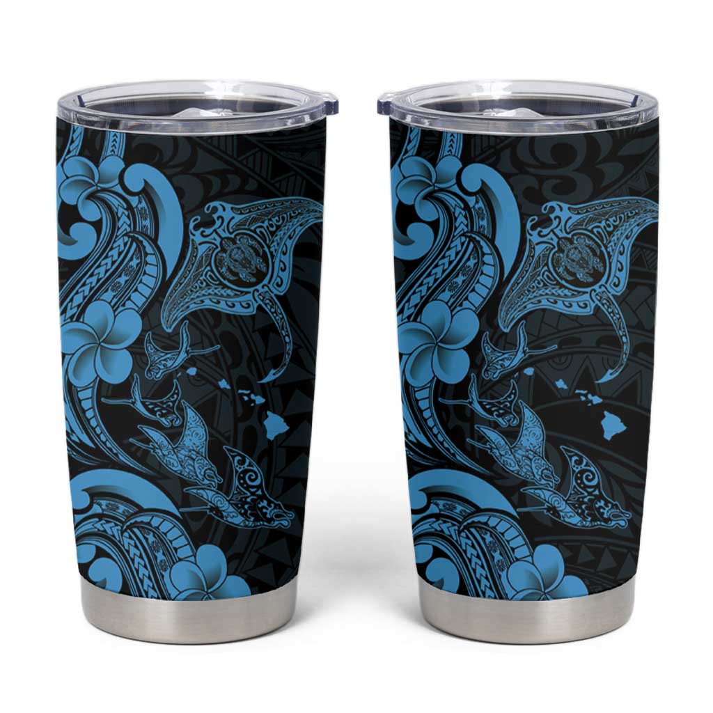Hawaiian Manta Rays Tumbler Cup Tribal Hibiscus Polynesian Tattoos Blue Color - Polynesian Pride