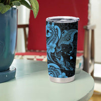 Hawaiian Manta Rays Tumbler Cup Tribal Hibiscus Polynesian Tattoos Blue Color - Polynesian Pride