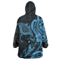 Hawaiian Manta Rays Wearable Blanket Hoodie Tribal Hibiscus Polynesian Tattoos Blue Color - Polynesian Pride
