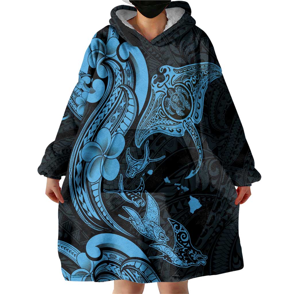 Hawaiian Manta Rays Wearable Blanket Hoodie Tribal Hibiscus Polynesian Tattoos Blue Color - Polynesian Pride