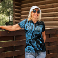 Hawaiian Manta Rays Women Polo Shirt Tribal Hibiscus Polynesian Tattoos Blue Color - Polynesian Pride