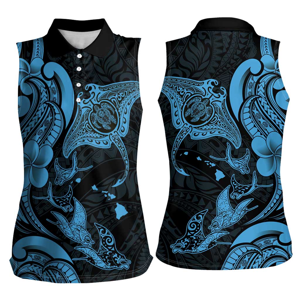Hawaiian Manta Rays Women Sleeveless Polo Shirt Tribal Hibiscus Polynesian Tattoos Blue Color - Polynesian Pride