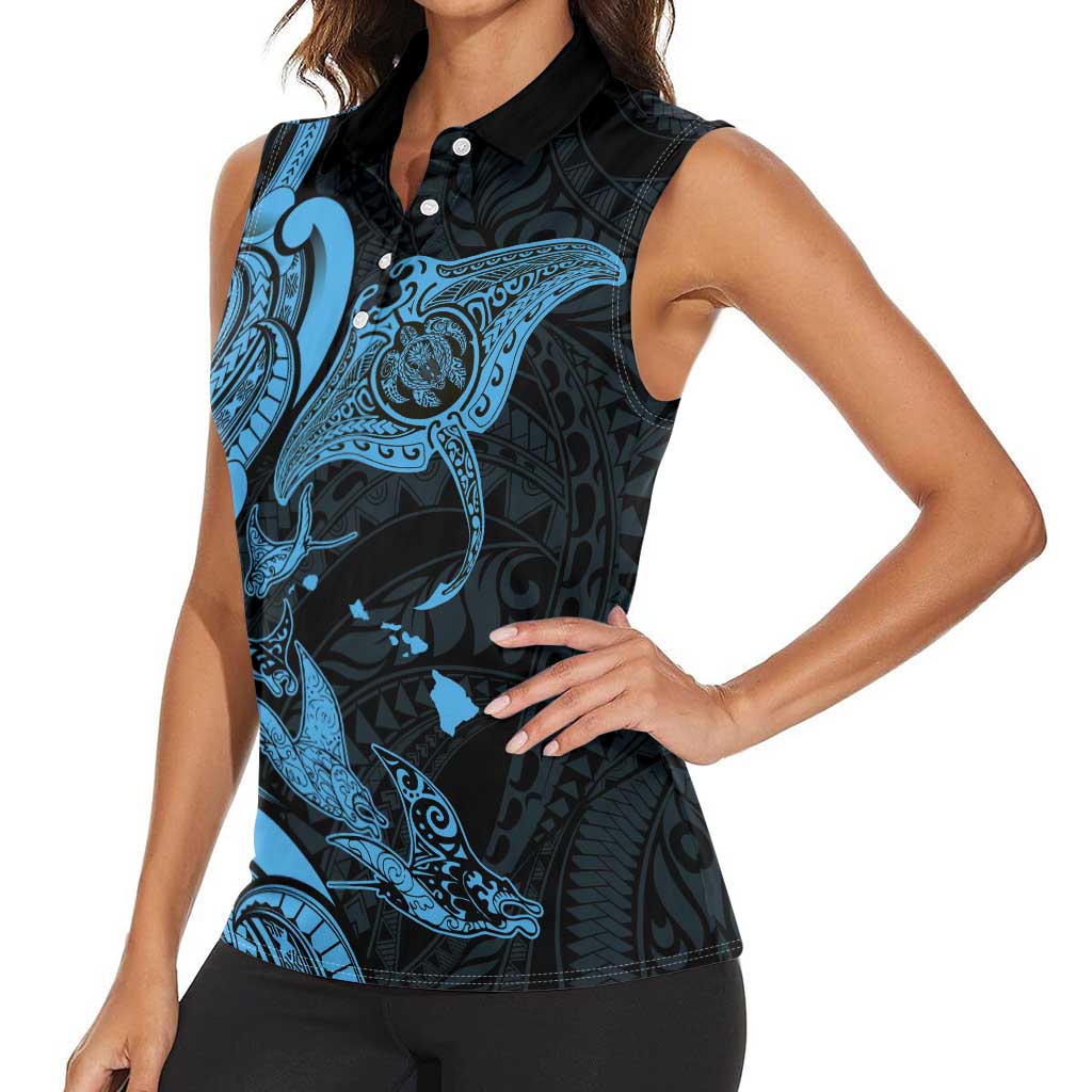 Hawaiian Manta Rays Women Sleeveless Polo Shirt Tribal Hibiscus Polynesian Tattoos Blue Color - Polynesian Pride