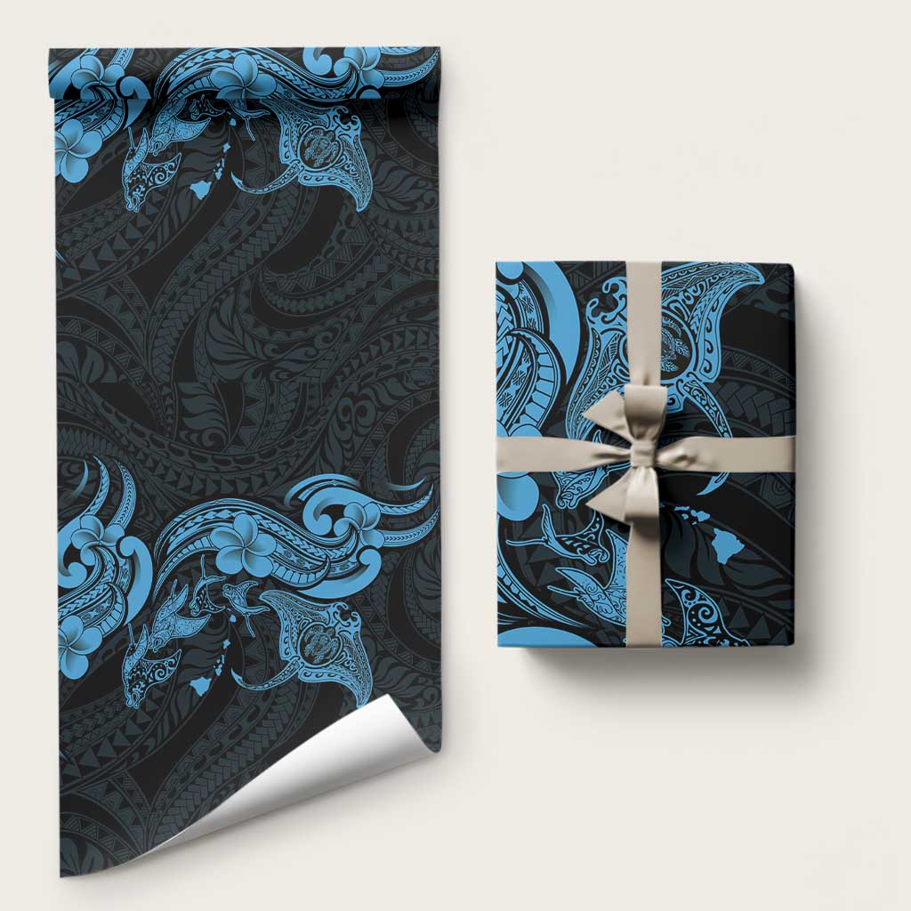 Hawaiian Manta Rays Wrapping Paper Tribal Hibiscus Polynesian Tattoos Blue Color LT03 58" × 23" Blue - Polynesian Pride