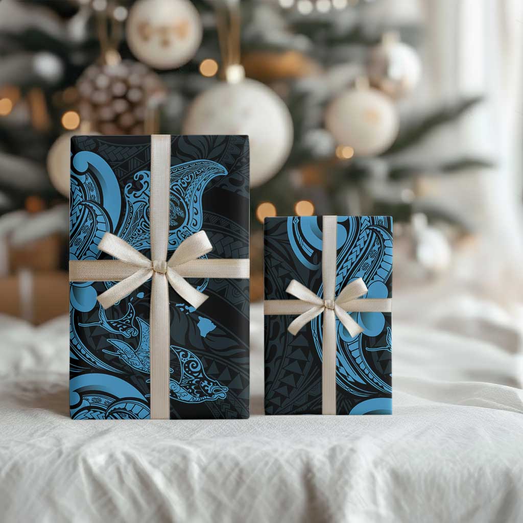 Hawaiian Manta Rays Wrapping Paper Tribal Hibiscus Polynesian Tattoos Blue Color - Polynesian Pride