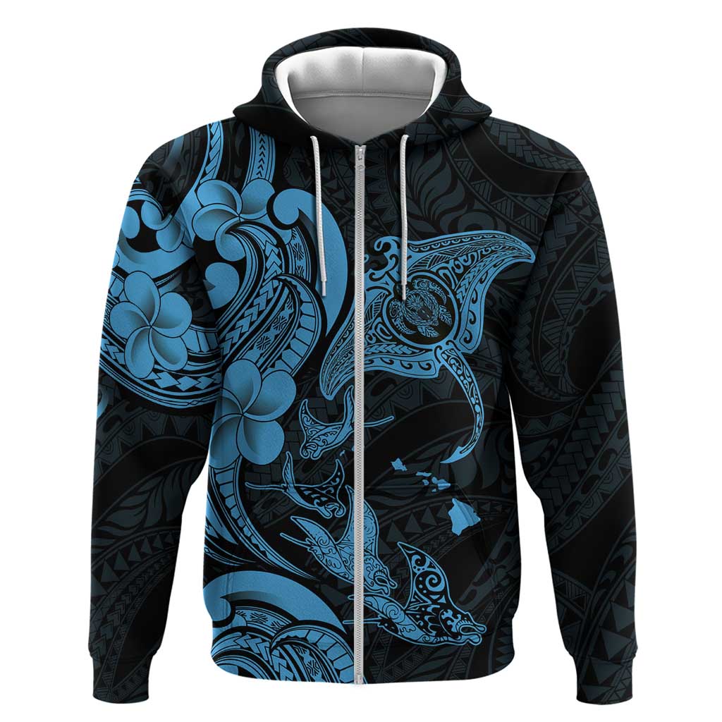 Hawaiian Manta Rays Zip Hoodie Tribal Hibiscus Polynesian Tattoos Blue Color LT03 Zip Hoodie Blue - Polynesian Pride