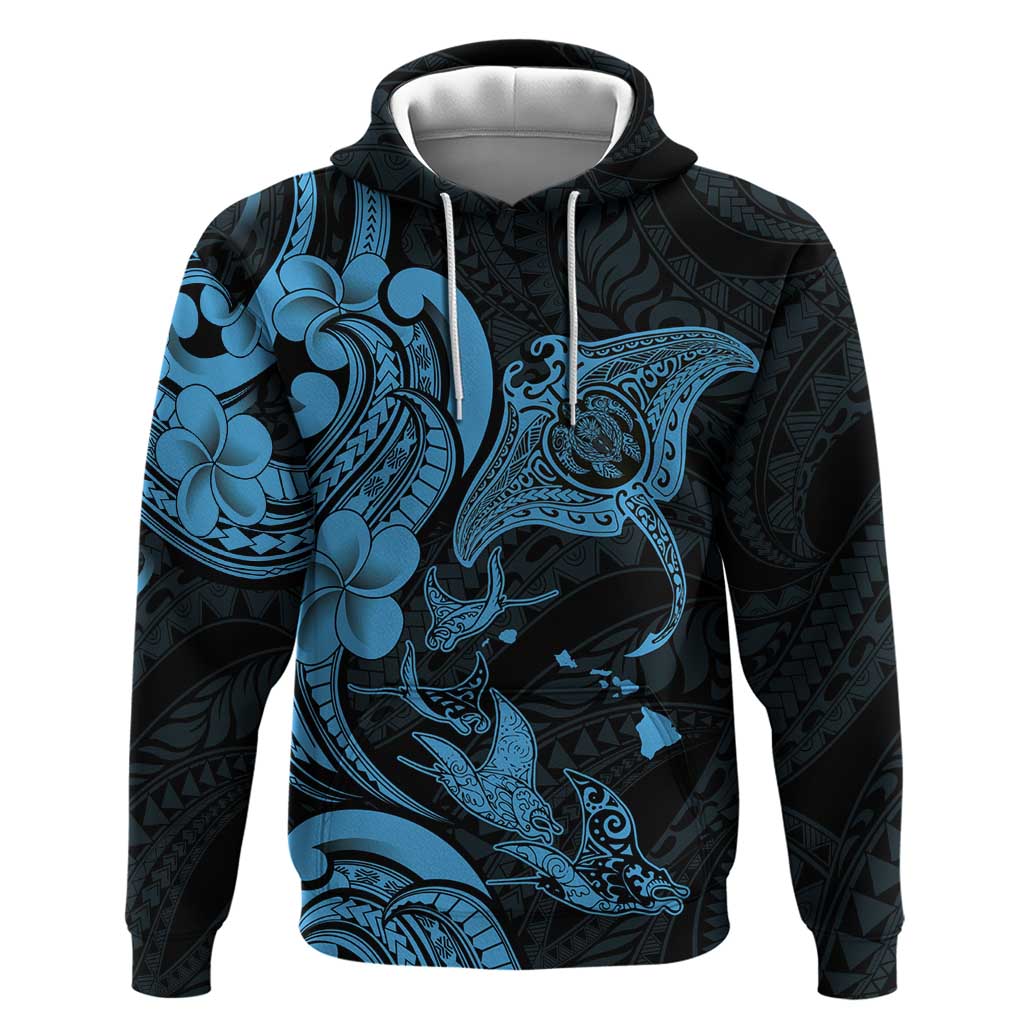 Hawaiian Manta Rays Zip Hoodie Tribal Hibiscus Polynesian Tattoos Blue Color - Polynesian Pride