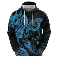 Hawaiian Manta Rays Zip Hoodie Tribal Hibiscus Polynesian Tattoos Blue Color - Polynesian Pride