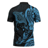 Hawaiian Manta Rays Zipper Polo Shirt Tribal Hibiscus Polynesian Tattoos Blue Color - Polynesian Pride