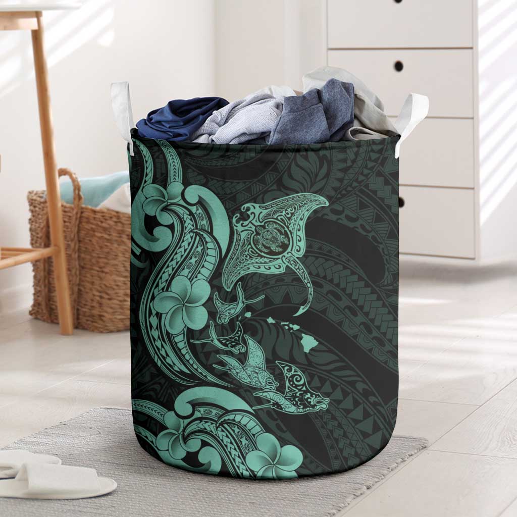 Hawaiian Manta Rays Laundry Basket Tribal Hibiscus Polynesian Tattoos Turquoise Color LT03 Turquoise - Polynesian Pride